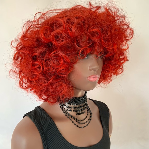 A Pretty Fire Red Color Curly Premium Fiber “Put On & Go” Wig - Picture 4 of 8